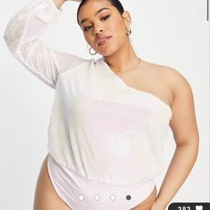 NWT In The Style Plus exclusive sequin one shoulder bodysuit in iridescent pink